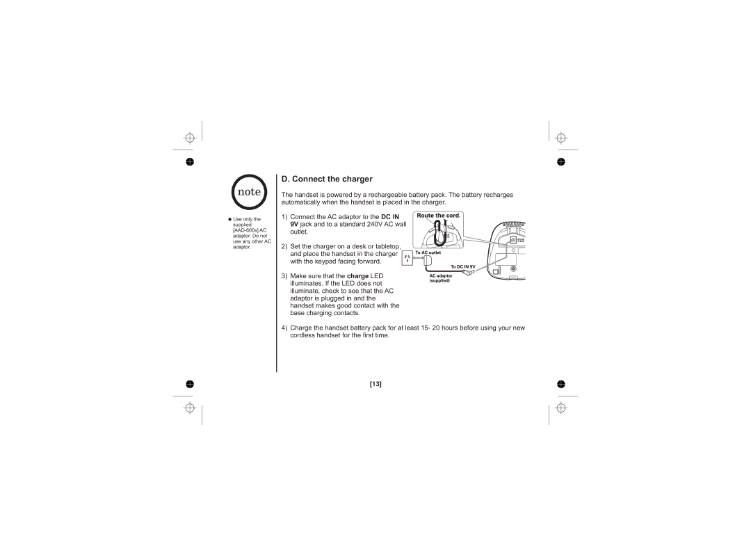 Uniden WDECT 2345+1 owner manual Connect the charger 