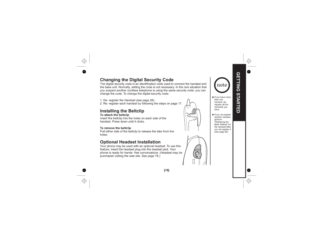 Uniden WDECT 2345+1 owner manual Changing the Digital Security Code, Installing the Beltclip, Optional Headset Installation 