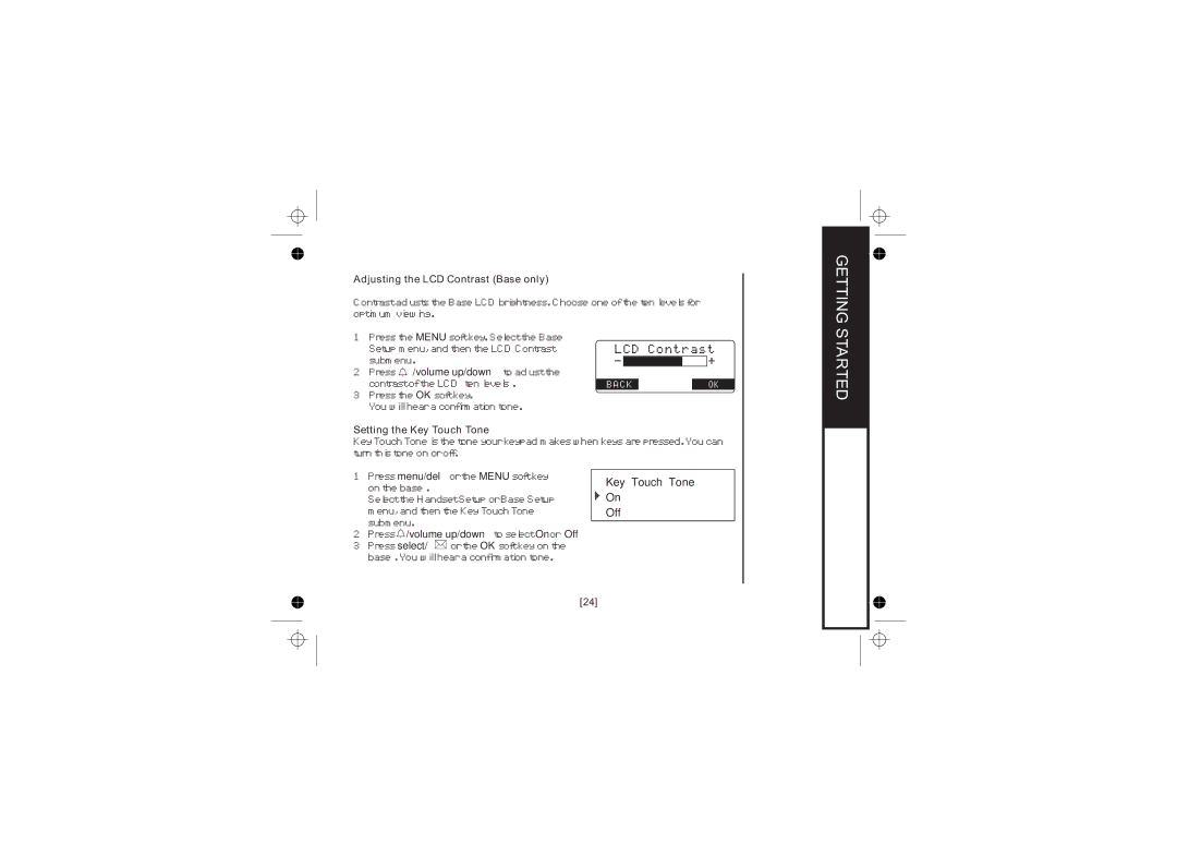 Uniden WDECT 2345+1 owner manual Adjusting the LCD Contrast Base only, Setting the Key Touch Tone 