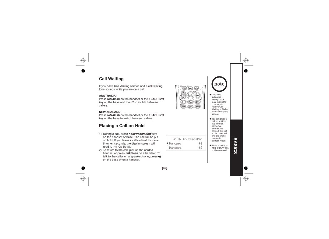 Uniden WDECT 2345+1 owner manual Call Waiting, Placing a Call on Hold, Hold, to transfer Handset#1 Handset#2 