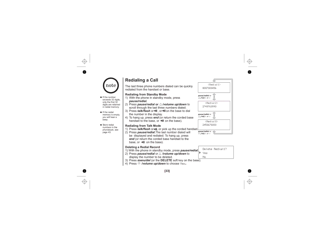 Uniden WDECT 2345+1 owner manual Redialing a Call, Redialing from Standby Mode, Redialing from Talk Mode 