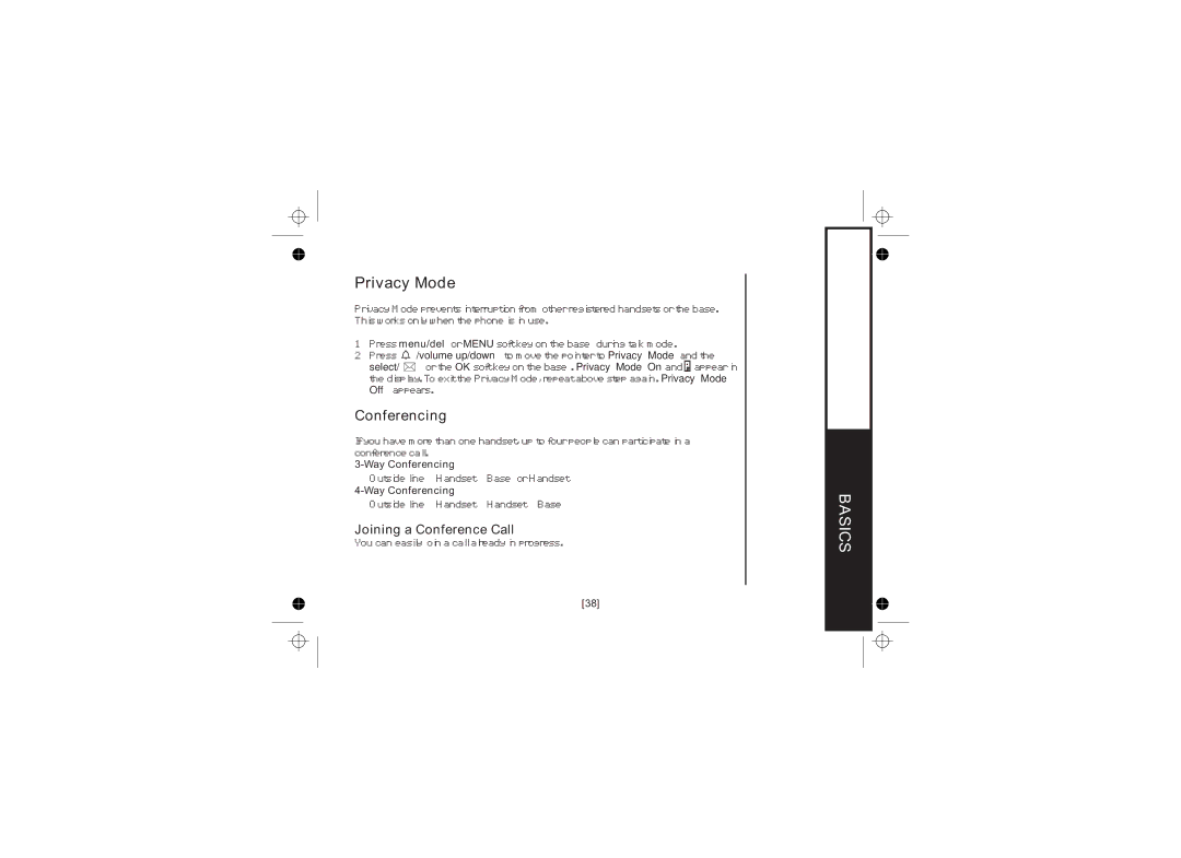 Uniden WDECT 2345+1 owner manual Privacy Mode, Joining a Conference Call, Select, Way Conferencing 