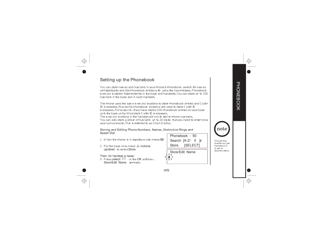 Uniden WDECT 2345+1 owner manual Setting up the Phonebook, Store/Edit Name, Speed Dial 