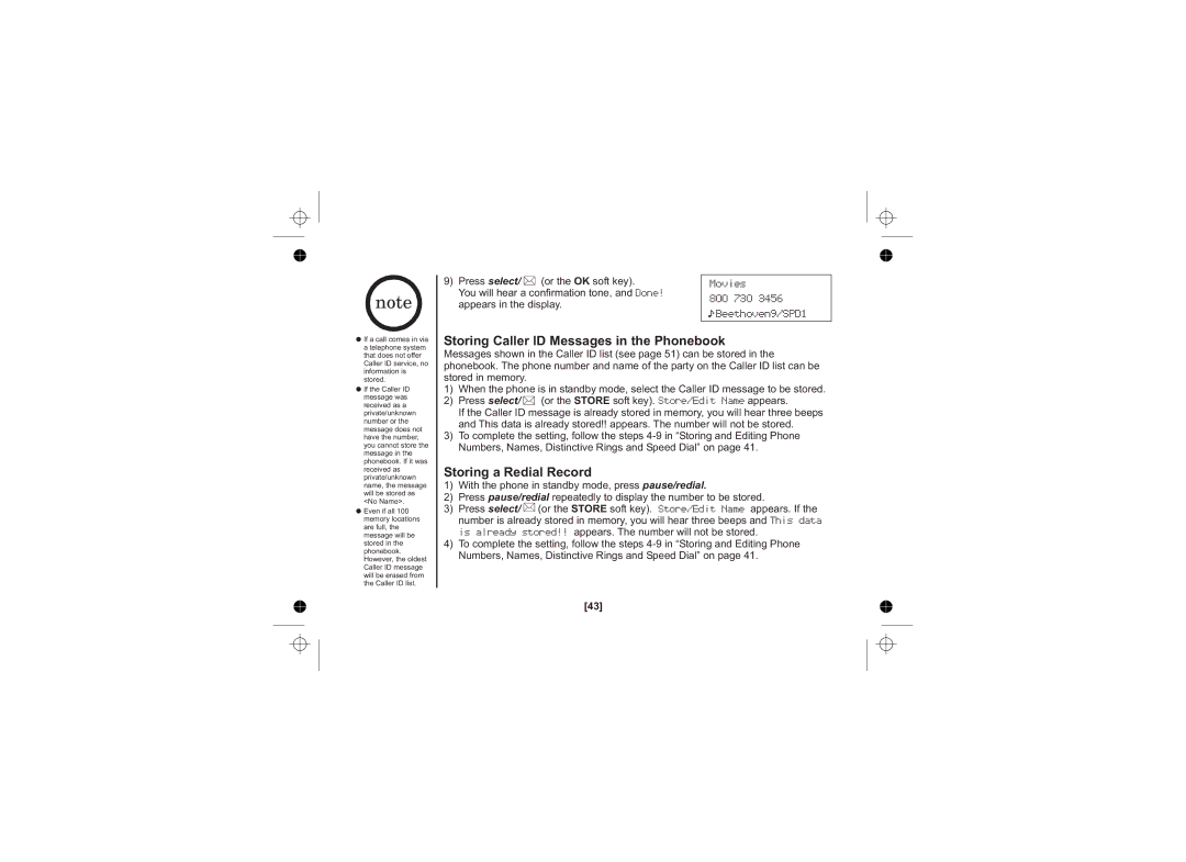 Uniden WDECT 2345+1 owner manual Storing Caller ID Messages in the Phonebook, Storing a Redial Record 