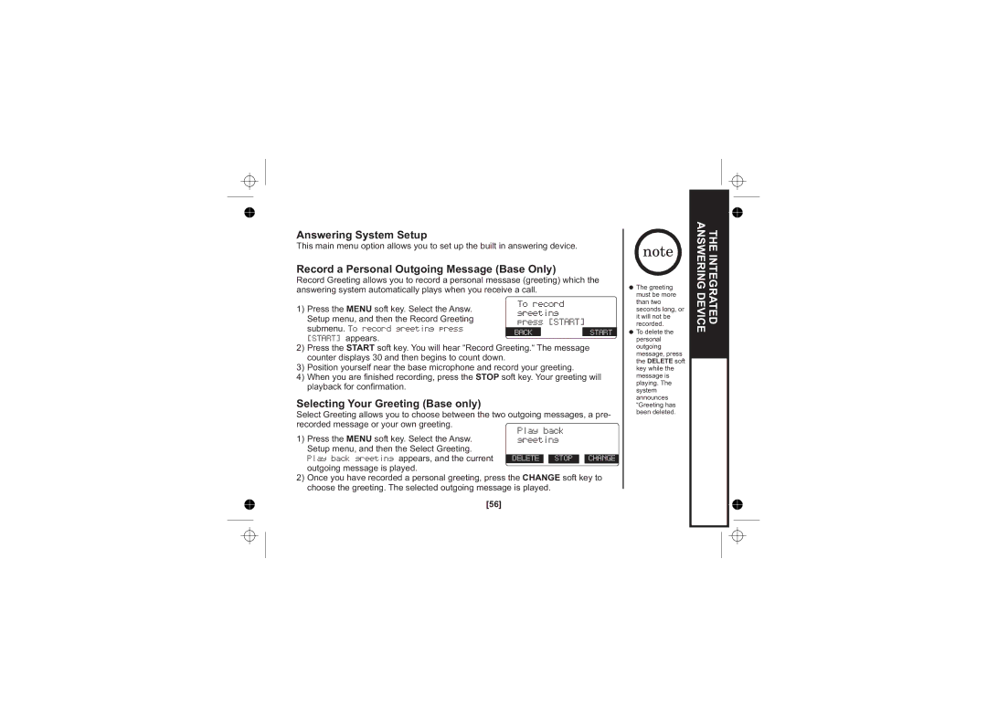 Uniden WDECT 2345+1 Answering System Setup, Record a Personal Outgoing Message Base Only, To record Greeting, Press Start 