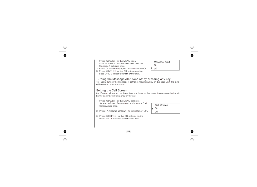 Uniden WDECT 2345+1 owner manual Turning the Message Alert tone off by pressing any key, Setting the Call Screen 