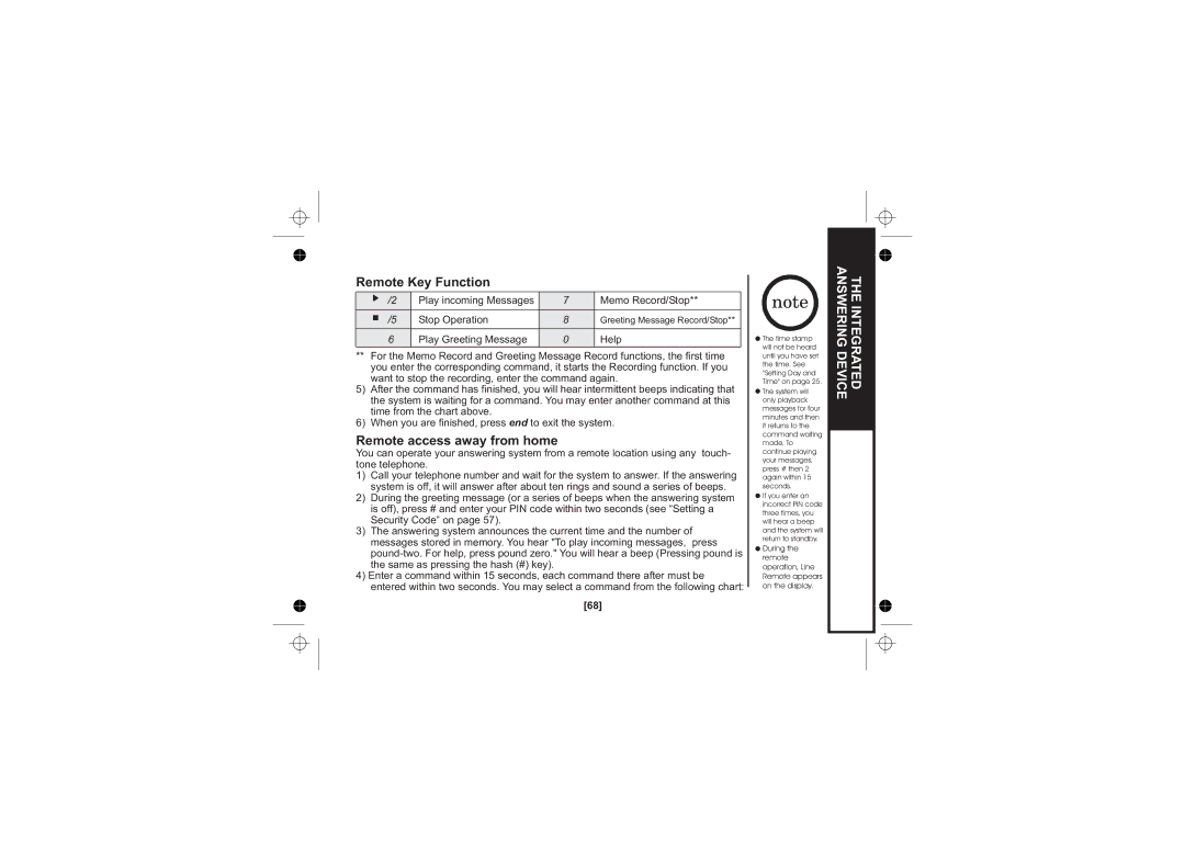 Uniden WDECT 2345+1 owner manual Remote Key Function, Remote access away from home 