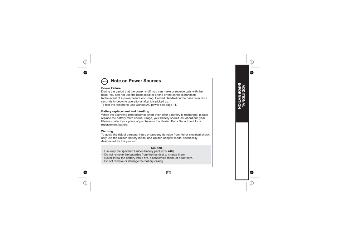 Uniden WDECT 2345+1 owner manual Power Failure, Battery replacement and handling 