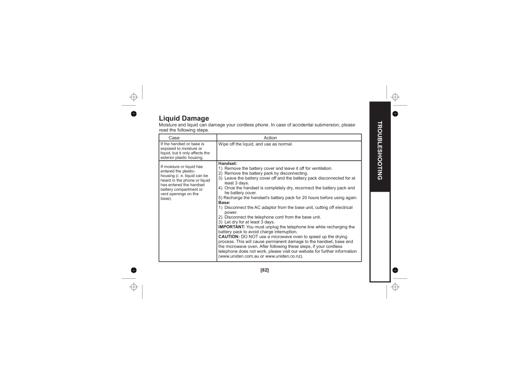 Uniden WDECT 2345+1 owner manual Liquid Damage, Wipe off the liquid, and use as normal 