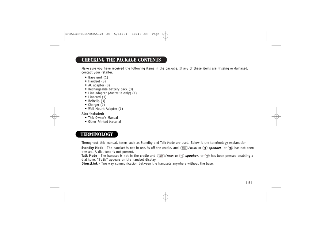 Uniden WDECT 2355+2 quick start Checking the Package Contents, Terminology 