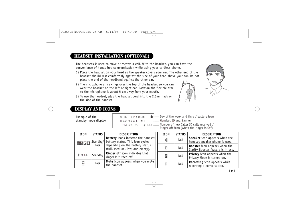 Uniden WDECT 2355+2 quick start Headset Installation Optional, Display and Icons, N 1 2 0 0 a, N d s e t 