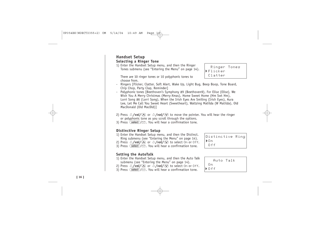 Uniden WDECT 2355+2 quick start Handset Setup, Selecting a Ringer Tone, Distinctive Ringer Setup, Setting the AutoTalk 