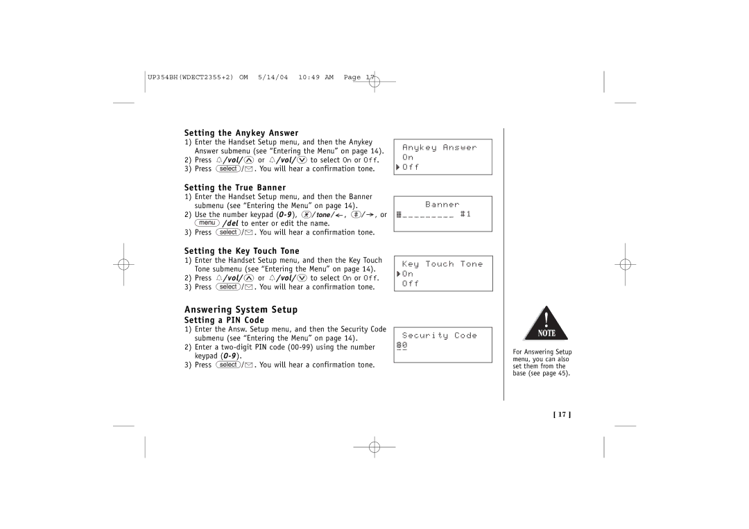 Uniden WDECT 2355+2 Answering System Setup, Setting the Anykey Answer, Setting the True Banner, Setting the Key Touch Tone 