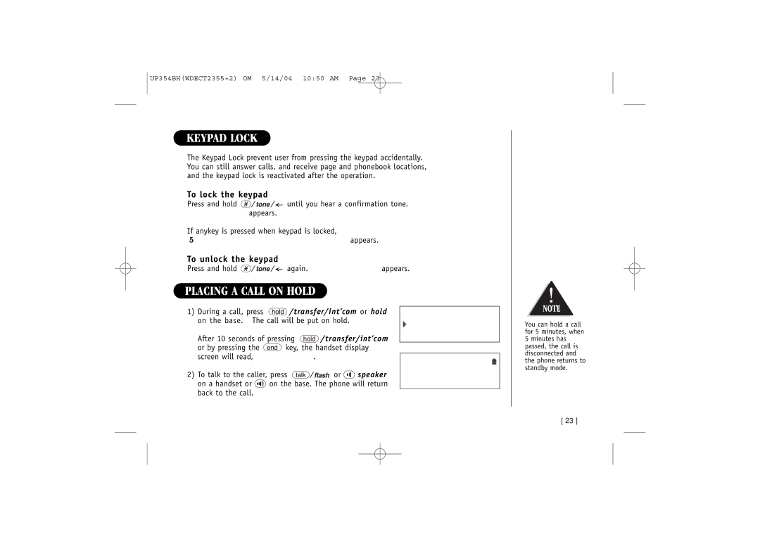 Uniden WDECT 2355+2 quick start Keypad Lock, Placing a Call on Hold, To lock the keypad, To unlock the keypad 