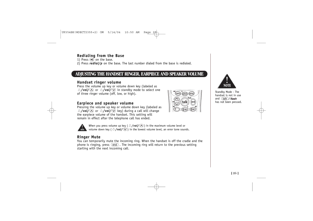 Uniden WDECT 2355+2 quick start Redialing from the Base, Handset ringer volume, Earpiece and speaker volume, Ringer Mute 