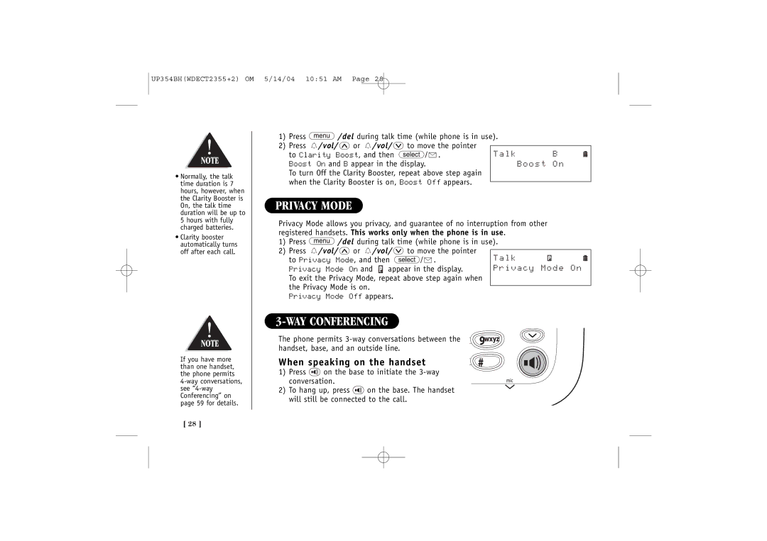 Uniden WDECT 2355+2 quick start Privacy Mode, WAY Conferencing, When speaking on the handset, Talk, Boost 