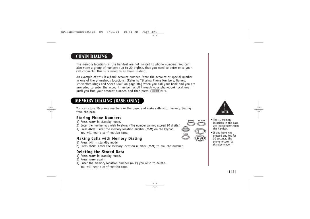 Uniden WDECT 2355+2 Chain Dialing, Memory Dialing Base only, Storing Phone Numbers, Making Calls with Memory Dialing 