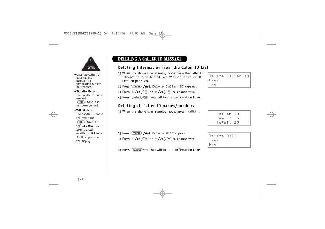 Uniden WDECT 2355+2 quick start Deleting Information from the Caller ID List, Deleting all Caller ID names/numbers 
