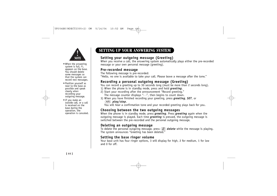 Uniden WDECT 2355+2 quick start Setting UP Your Answering System 