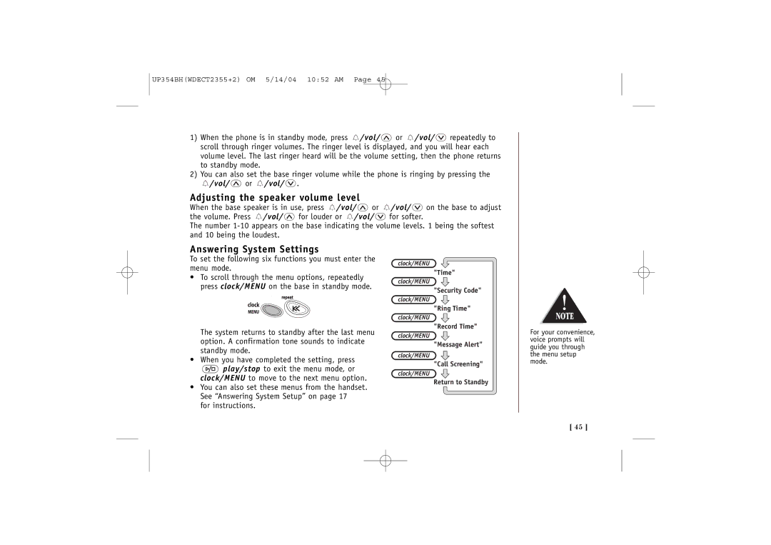 Uniden WDECT 2355+2 quick start Adjusting the speaker volume level, Answering System Settings, For instructions 