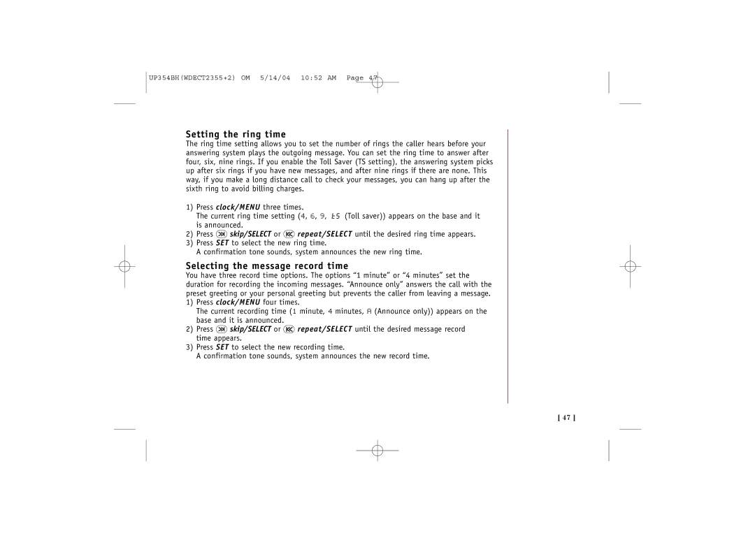 Uniden WDECT 2355+2 quick start Setting the ring time, Selecting the message record time 