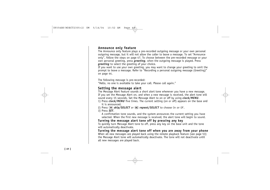 Uniden WDECT 2355+2 Announce only feature, Setting the message alert, Press skip/SELECT or repeat/SELECT to choose On or 