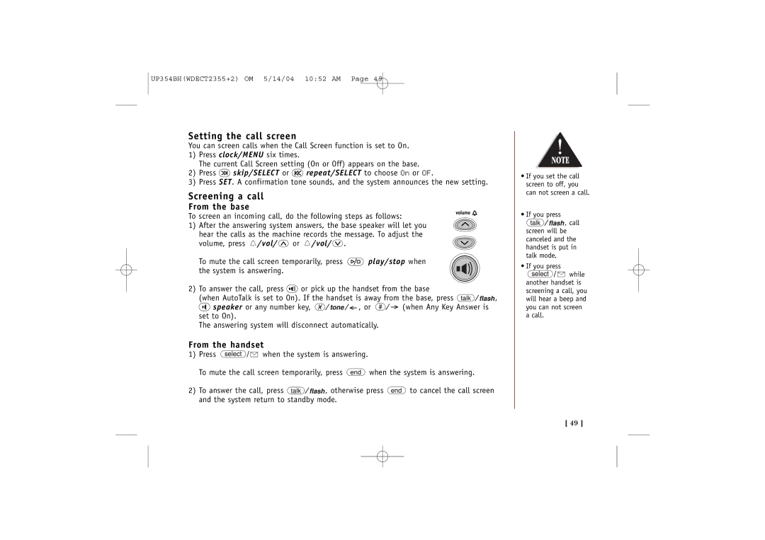 Uniden WDECT 2355+2 quick start Setting the call screen, Screening a call, From the base, From the handset 