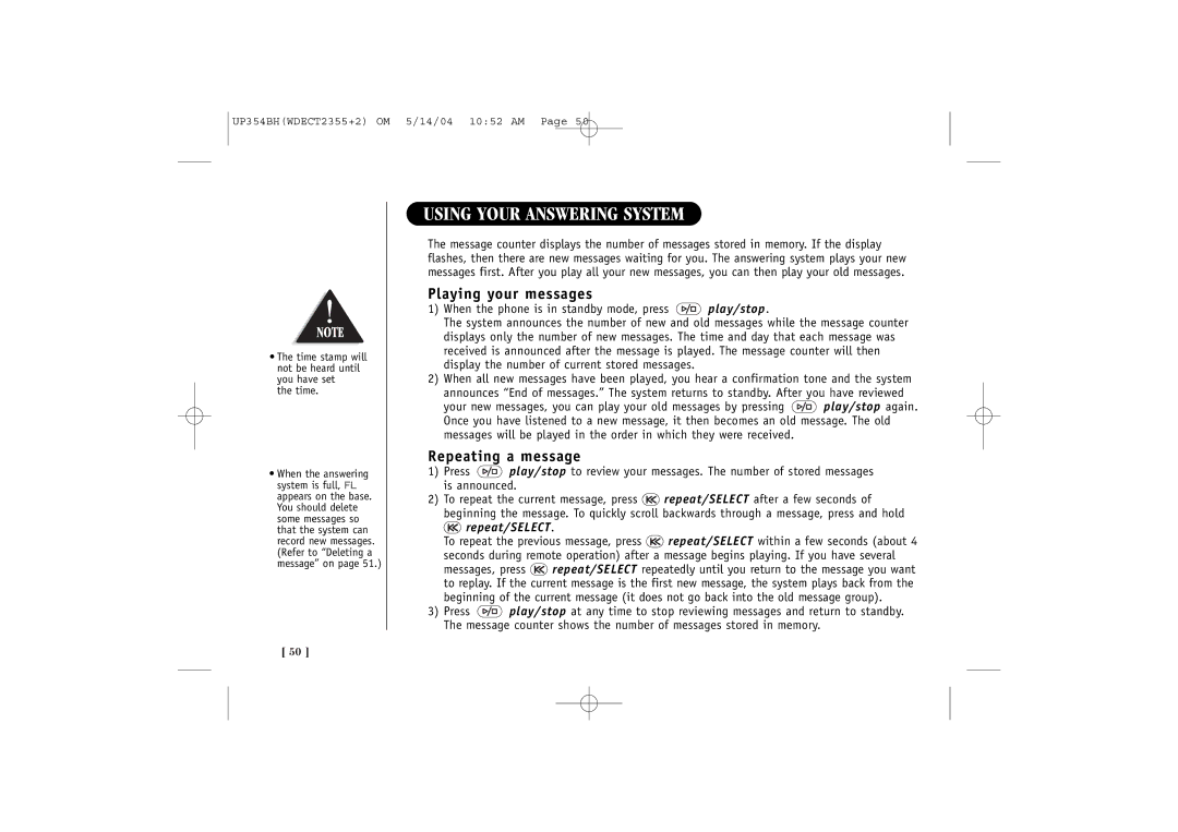Uniden WDECT 2355+2 quick start Using Your Answering System, Playing your messages, Repeating a message, Repeat/SELECT 