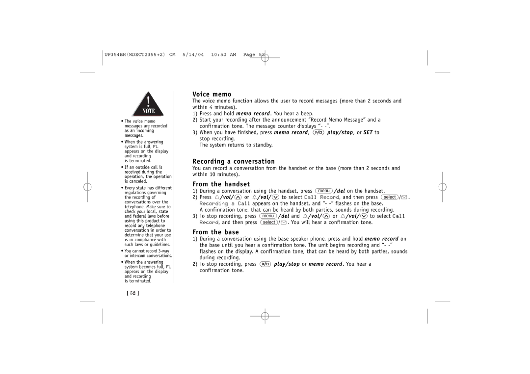 Uniden WDECT 2355+2 quick start Voice memo, Recording a conversation, From the handset, From the base 