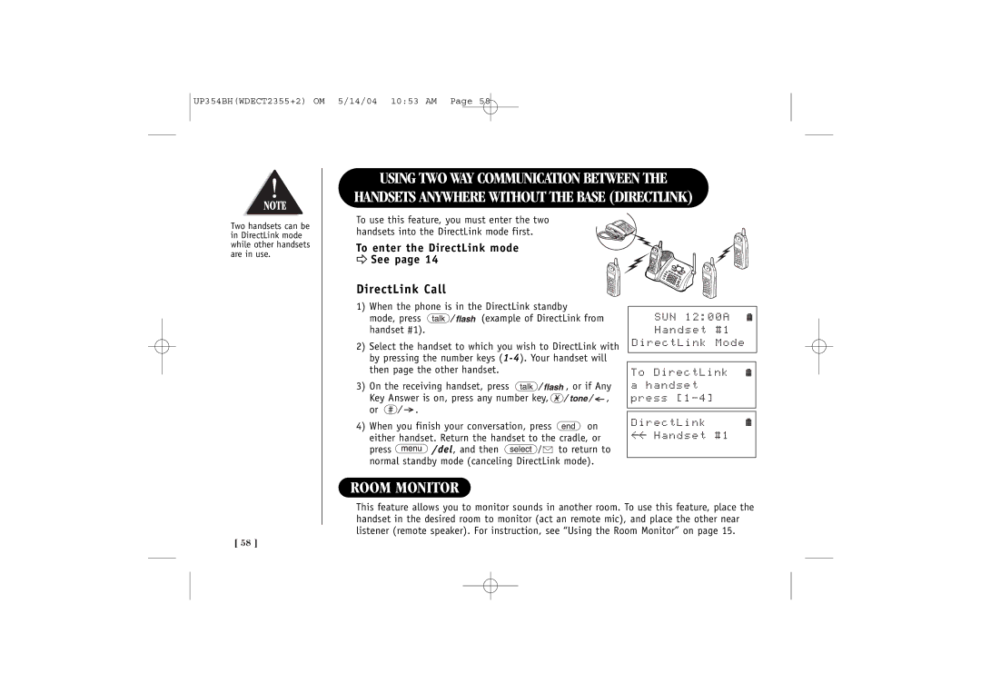 Uniden WDECT 2355+2 quick start Room Monitor, DirectLink Call, To enter the DirectLink mode e See 