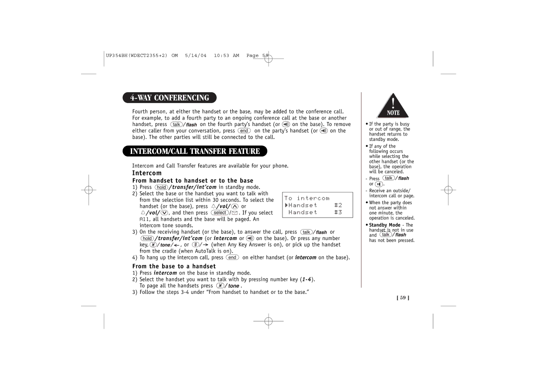 Uniden WDECT 2355+2 INTERCOM/CALL Transfer Feature, Intercom, From handset to handset or to the base, To intercom 
