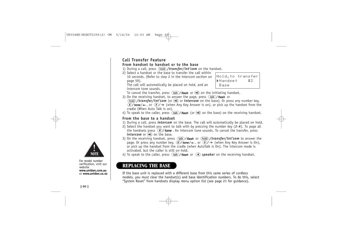 Uniden WDECT 2355+2 quick start Replacing the Base, Call Transfer Feature, Hold,to Transfer Handset, Transfer/int’com or 