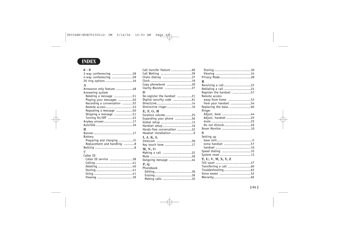 Uniden WDECT 2355+2 quick start Index, G, H 