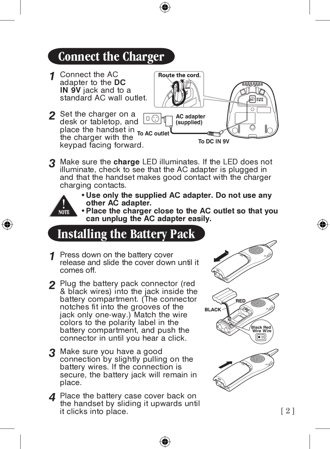 Uniden WDECT3315 owner manual Connect the Charger, Installing the Battery Pack 