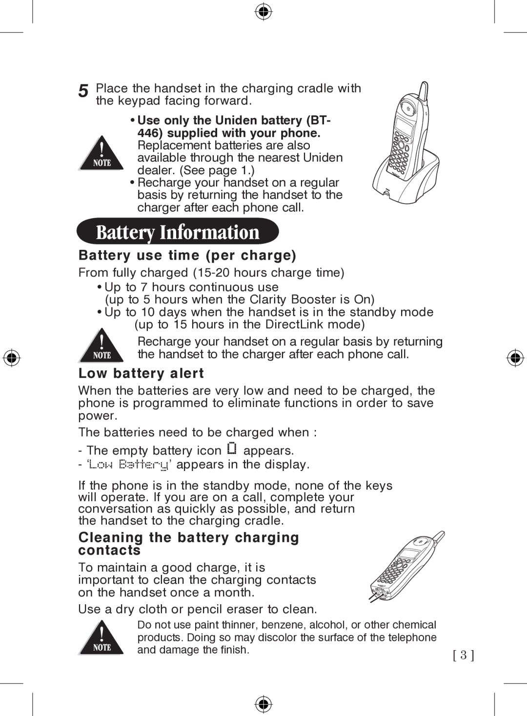 Uniden WDECT3315 owner manual Battery Information, Battery use time per charge, Low battery alert 