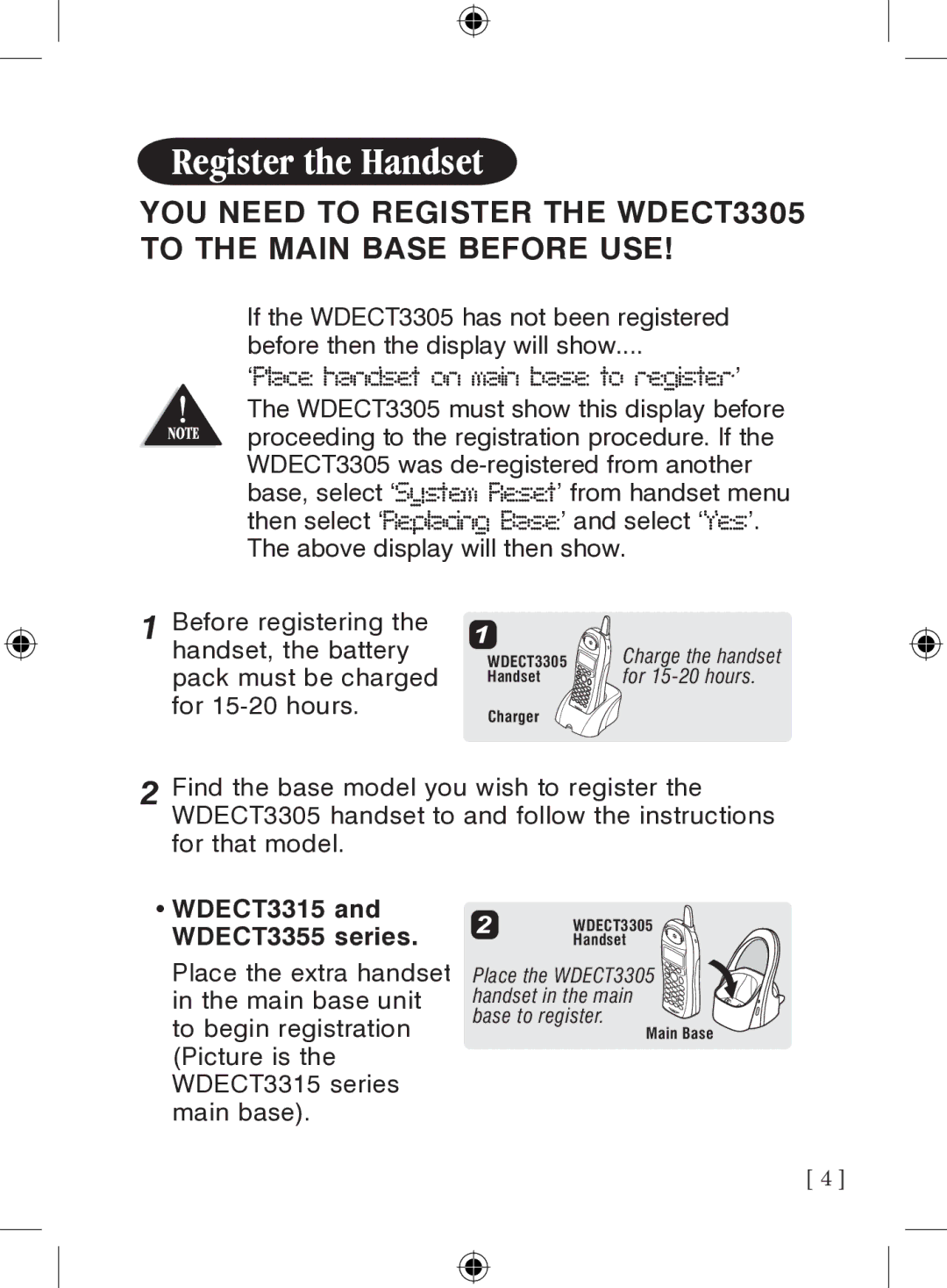 Uniden owner manual Register the Handset, WDECT3315 and WDECT3355 series 