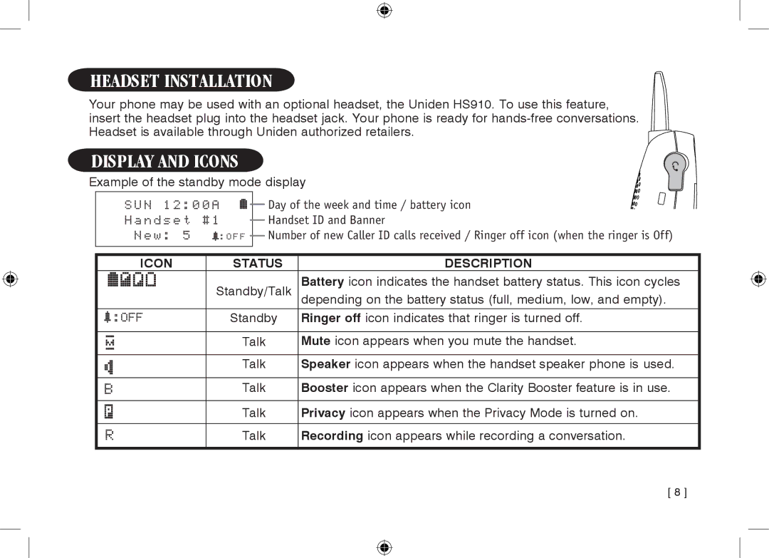 Uniden WDECT3355, WDECT3355 owner manual Headset Installation, Display and Icons, a N d s e t 