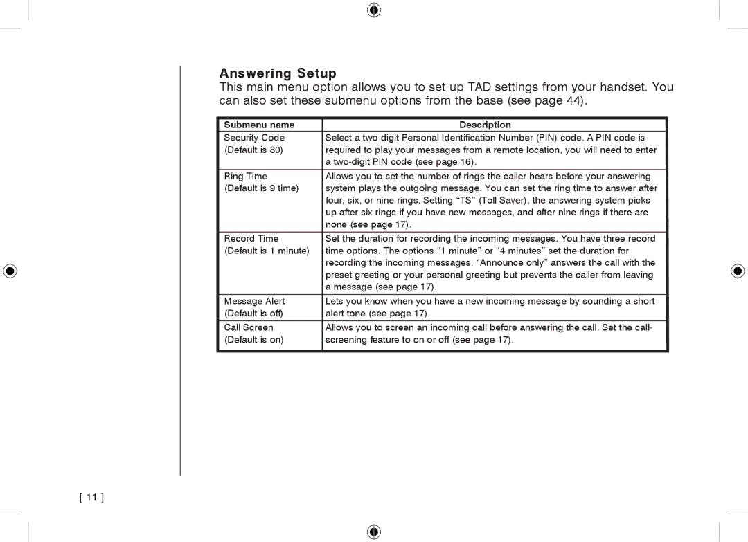 Uniden WDECT3355, WDECT3355 owner manual Answering Setup 