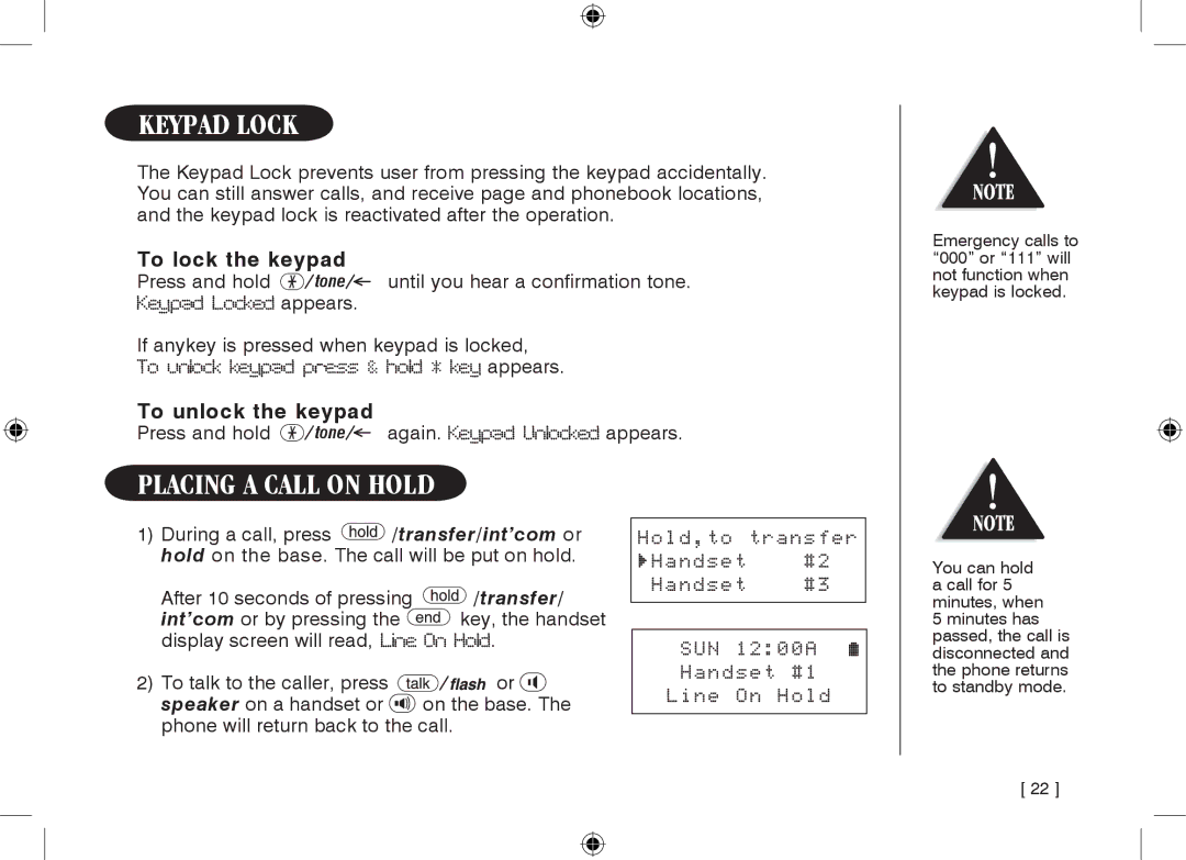 Uniden WDECT3355, WDECT3355 owner manual Keypad lock, Placing a Call on Hold, To lock the keypad, To unlock the keypad 