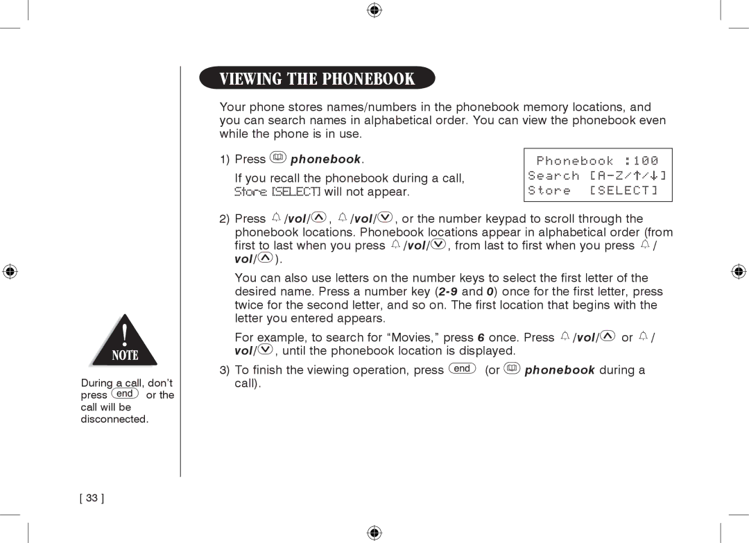 Uniden WDECT3355, WDECT3355 owner manual Viewing the Phonebook, Phonebook Search A-Z Store Select 