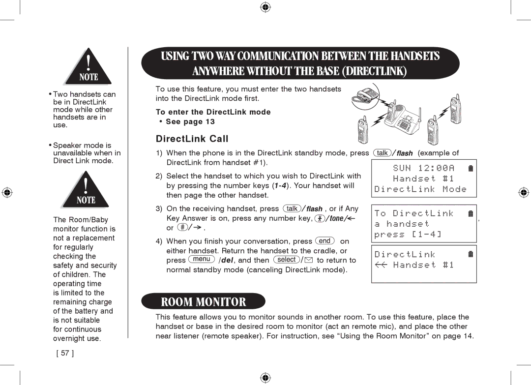 Uniden WDECT3355 owner manual Room monitor, DirectLink Call, SUN 1200A Handset #1 DirectLink Mode To DirectLink Press 