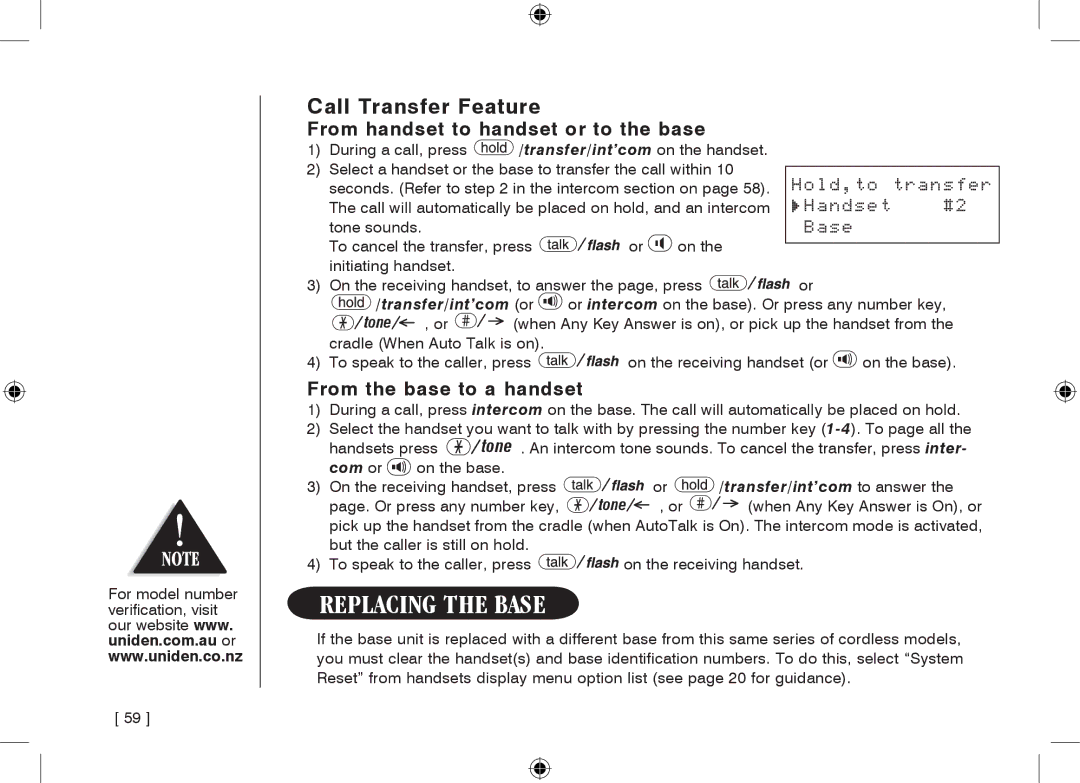 Uniden WDECT3355, WDECT3355 Replacing the Base, Call Transfer Feature, From handset to handset or to the base 