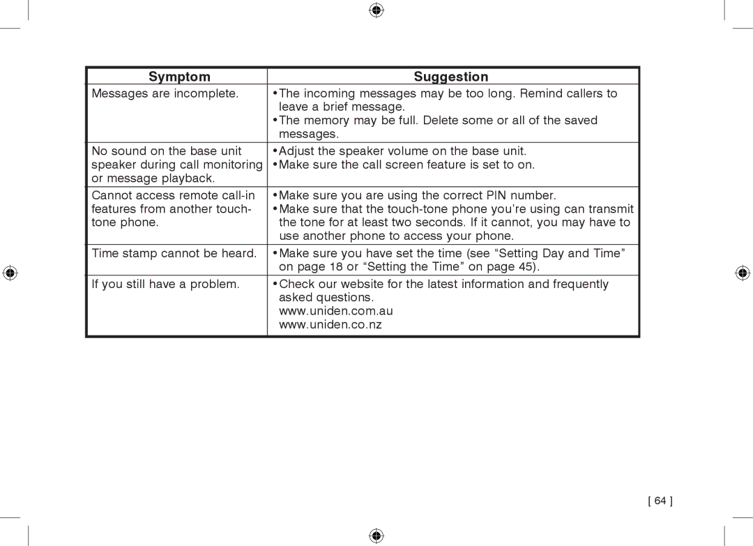 Uniden WDECT3355, WDECT3355 owner manual Symptom Suggestion 