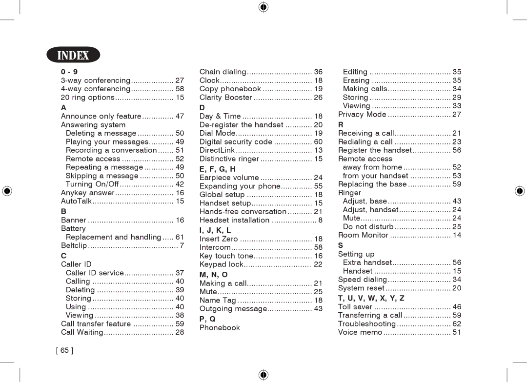 Uniden WDECT3355, WDECT3355 owner manual Index­, G, H 