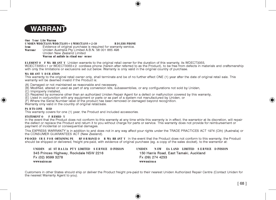 Uniden WDECT3355, WDECT3355 owner manual Warranty 