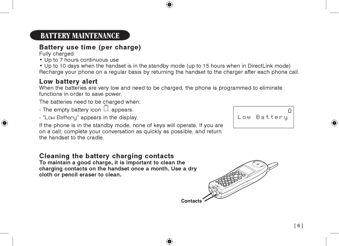 Uniden WDECT3355, WDECT3355 owner manual Battery maintenance, Battery use time per charge, Low battery alert 