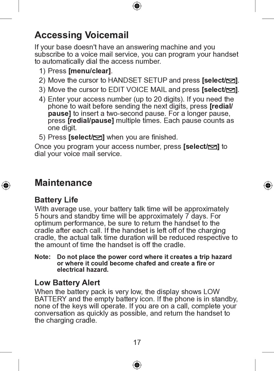 Uniden WDSS 5305 owner manual Accessing Voicemail, Maintenance, Battery Life, Low Battery Alert 