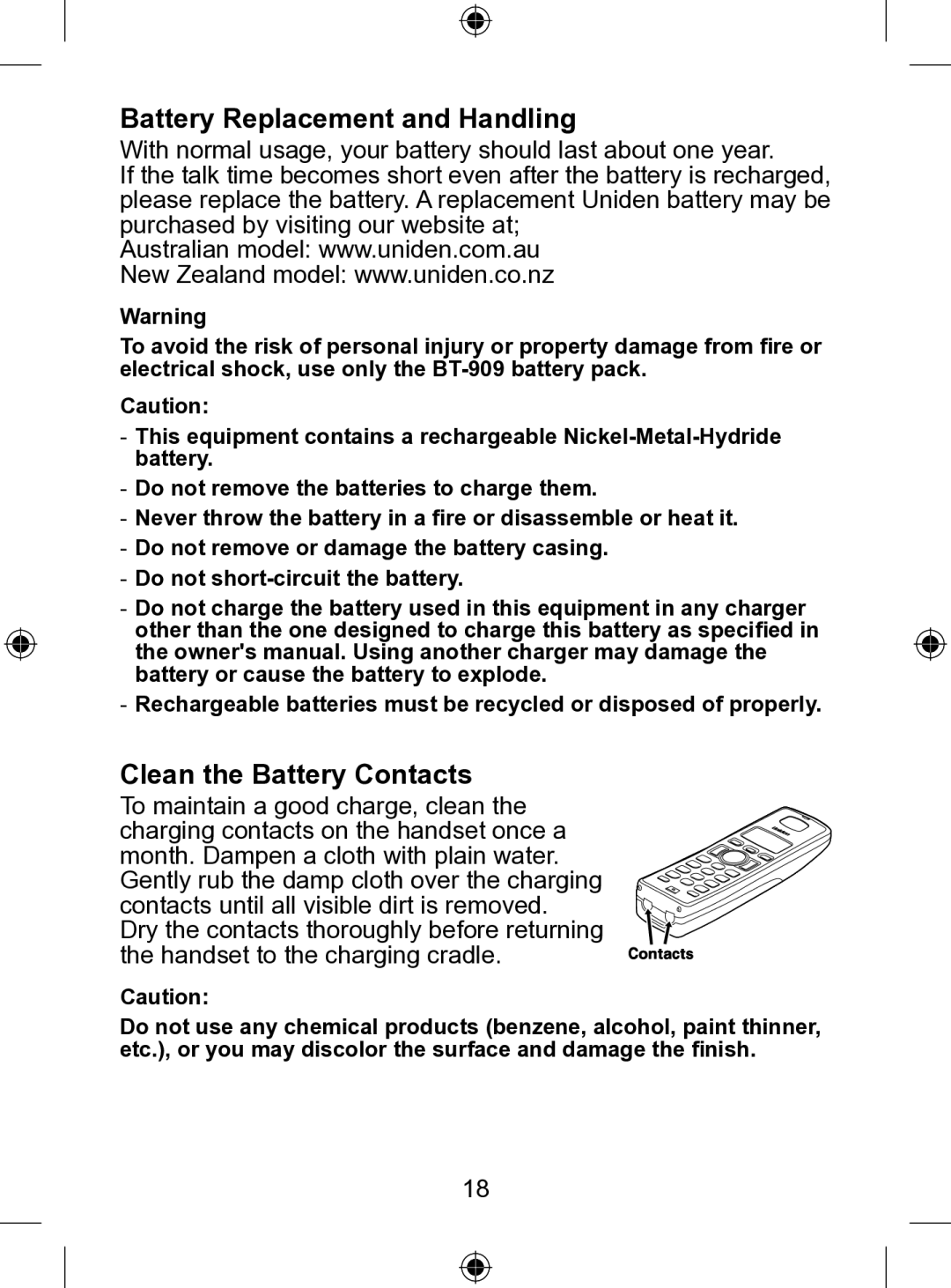 Uniden WDSS 5305 owner manual Battery Replacement and Handling, Clean the Battery Contacts 