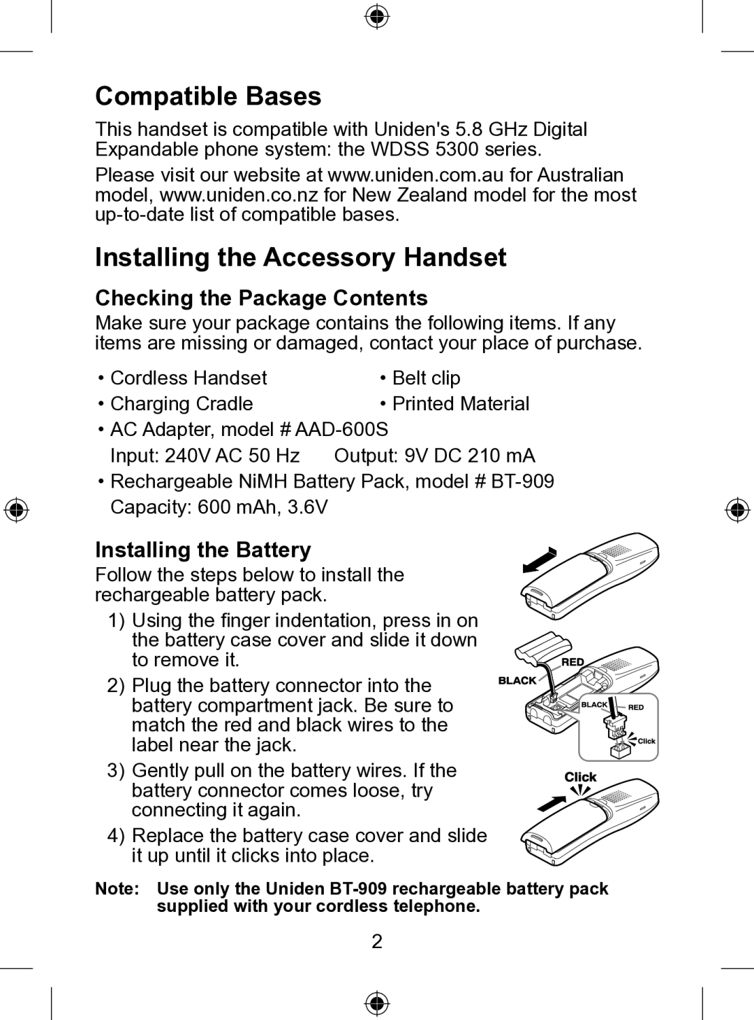 Uniden WDSS 5305 Compatible Bases, Installing the Accessory Handset, Checking the Package Contents, Installing the Battery 