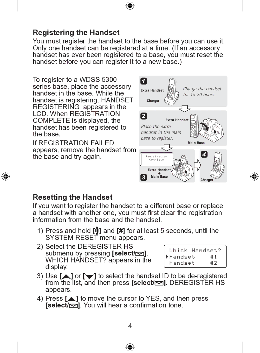 Uniden WDSS 5305 owner manual Registering the Handset, Resetting the Handset 